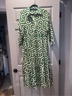 Zara Green and Cream Geometric Tiered Maxi Dress